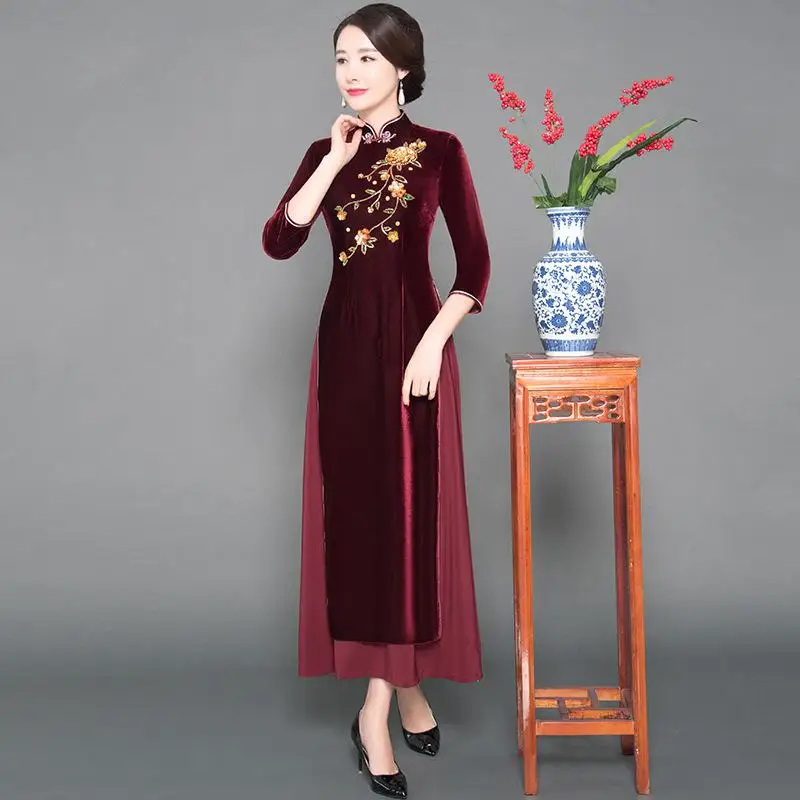 Новинка, женское велюровое китайское Повседневное платье, Размер 4XL, сексуальное, тонкое, Qipao, цветок, элегантное, новинка, Cheongsam, благородное, Vestidos, с бисером - Цвет: Burgundy 2