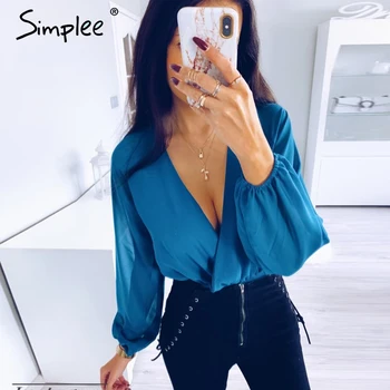 

Simplee Sexy v-neck blue mesh casual bodysuit Elegant long sleeve party bodysuits Highstreet office work chic romper bodysuit