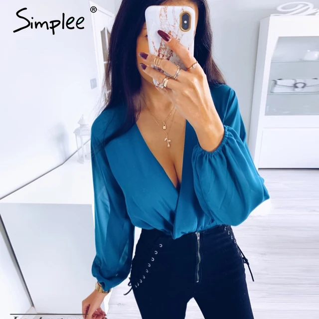 US $10.99 Simplee Sexy v-neck blue mesh casual bodysuit Elegant long sleeve party bodysuits Highstreet office