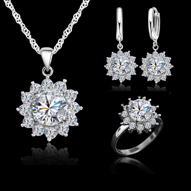 Valentine Day Gift SunFlower Cubic Zirconia 925 Sterling Silver  Jewelry Sets Earrings Pendant Necklace Rings Size5-9
