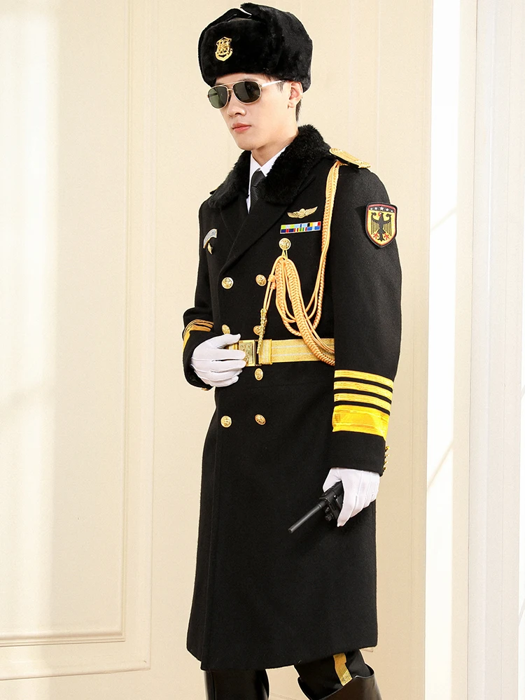 

Top Quality Men Long Wool Business Military Trench Windbreaker Winter Pilot Coat Set Security Uniform Homme Street Costume Suit