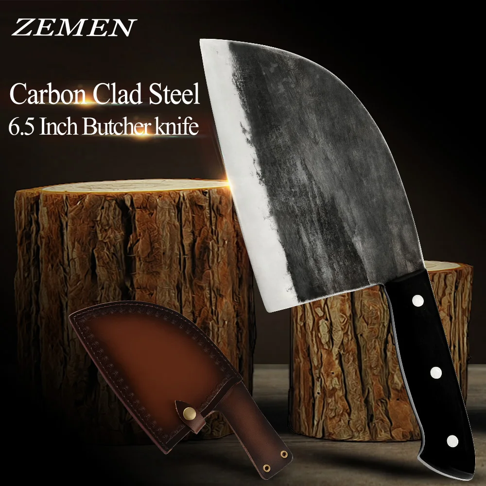 

ZEMEN Butcher Knife High Carbon Clad Steel Chop Knife Handmade Forged Chinese Cleaver With Full Tang Handle Chef Cooking Tools