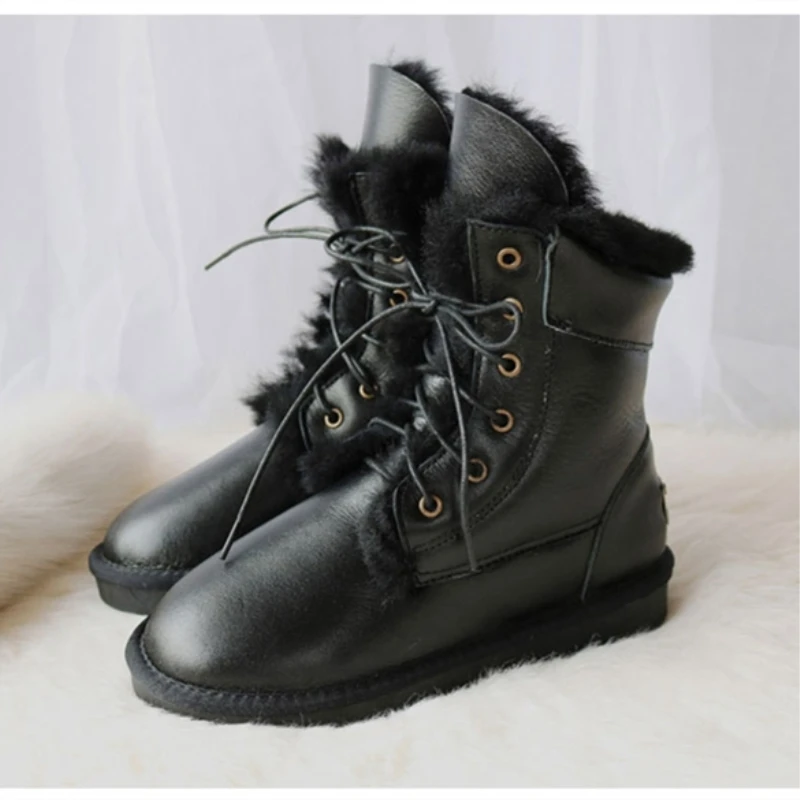 

G&Zaco Genuine Sheepskin Leather Snow Boots Women Wool Boots Waterproof Lace Natural Sheep Fur Mid-Calf Winter Female Flat