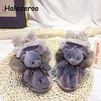

New Winter Kids Snow Boots Baby Girls Warm Ankle Boots Children Bear Genuine Leather Boots Toddler Boys Fur Brand Gray Boots