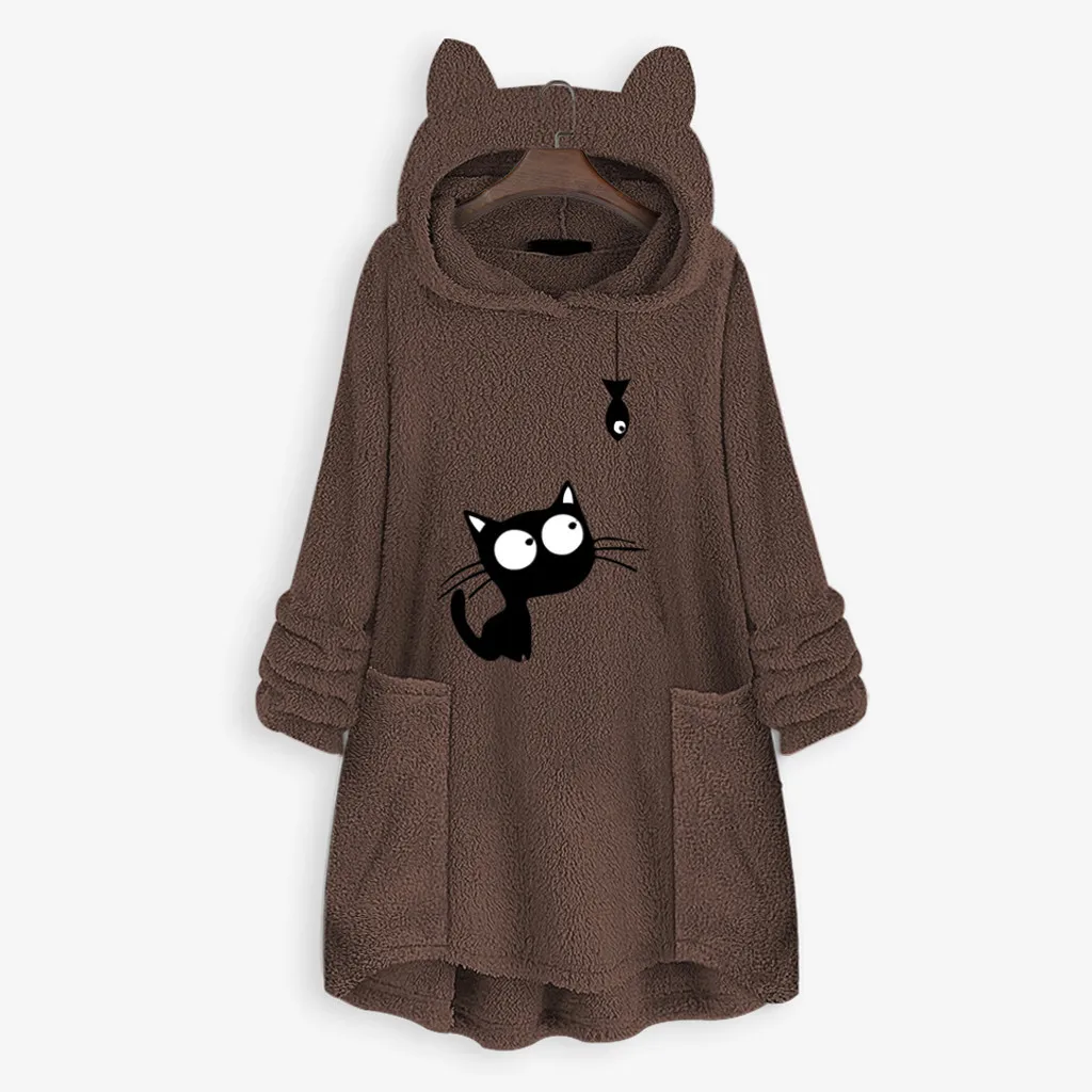 Женское худи с кошачьими ушами, платье Kawaii, большой размер, Длинная толстовка, осенняя Женская флисовая туника с вышивкой и карманами, черный, розовый, 5XL, moletom