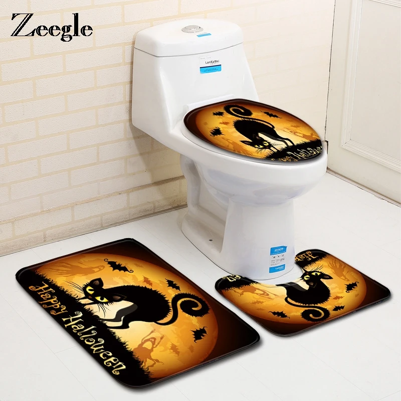 Zeegle Bath Mat Bathroom Carpet Toilet Floor Mat Non-slip Foot Pad Halloween Cat Pattern Bathroom Carpets