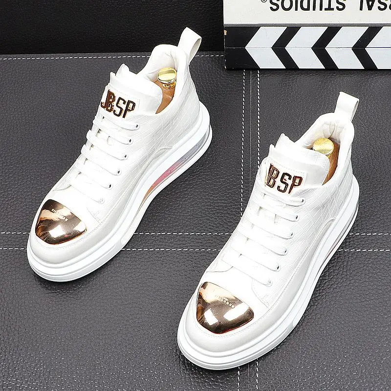 2021 Spring Newest Brand Designer Men Metal Plate Air Leather High Tops Shoes Causal Flats Moccasins Luxury Punk Rock Sneakers
