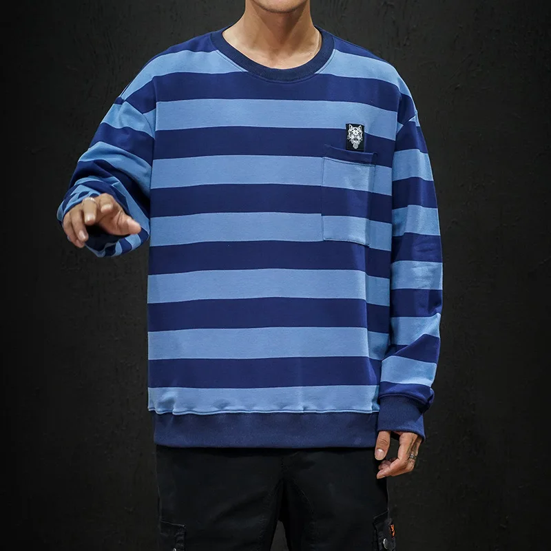 Харадзюку хип-хоп Повседневный свитер пуловер с круглым вырезом осенние полосатые толстовки Мужская мода преппи Японская уличная одежда Топы - Цвет: Blue