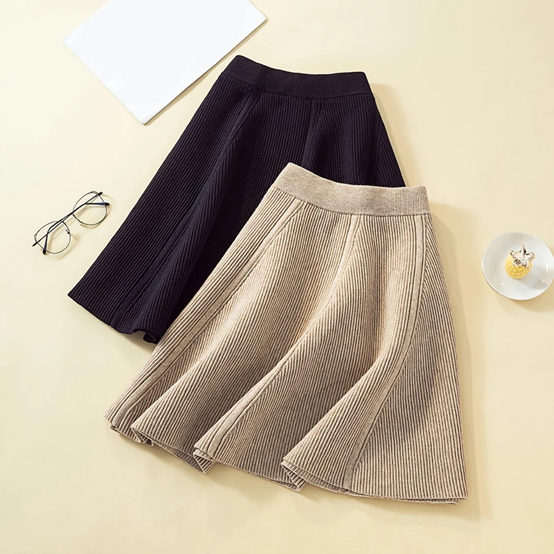 Женская Осенняя трикотажная плиссированная юбка, черная однотонная эластичная юбка с высокой талией размера плюс, женская вязаная юбка большого размера цвета хаки 3XL