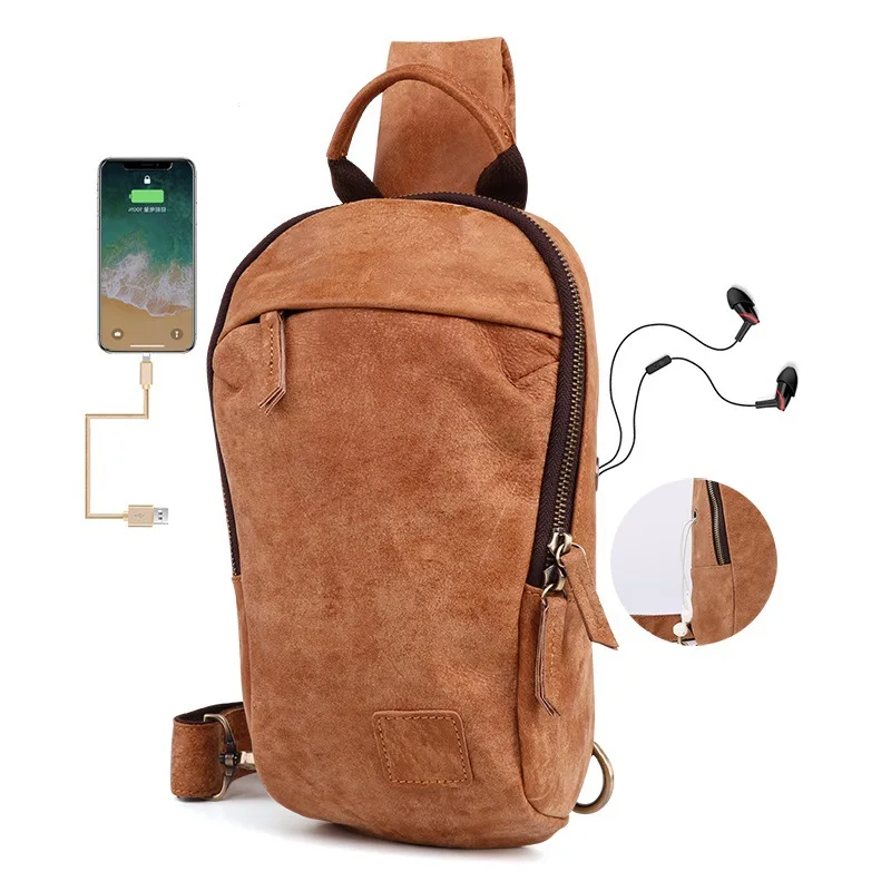

Outdoor Casual MEN'S Real-leather Bag Chest Pack Multi-functional Fashion MEN'S Single-shoulder Bag USB Charging Shoulder Chest