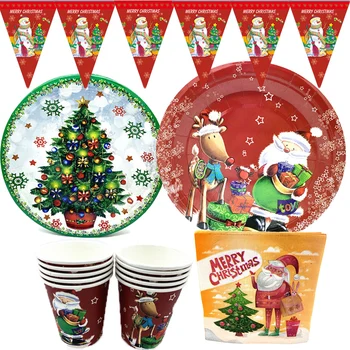 

Christmas Theme Party Disposable Tableware Merry Christmas Paper Plates Cups Pennant Dinnerware New Year Holiday Decoration
