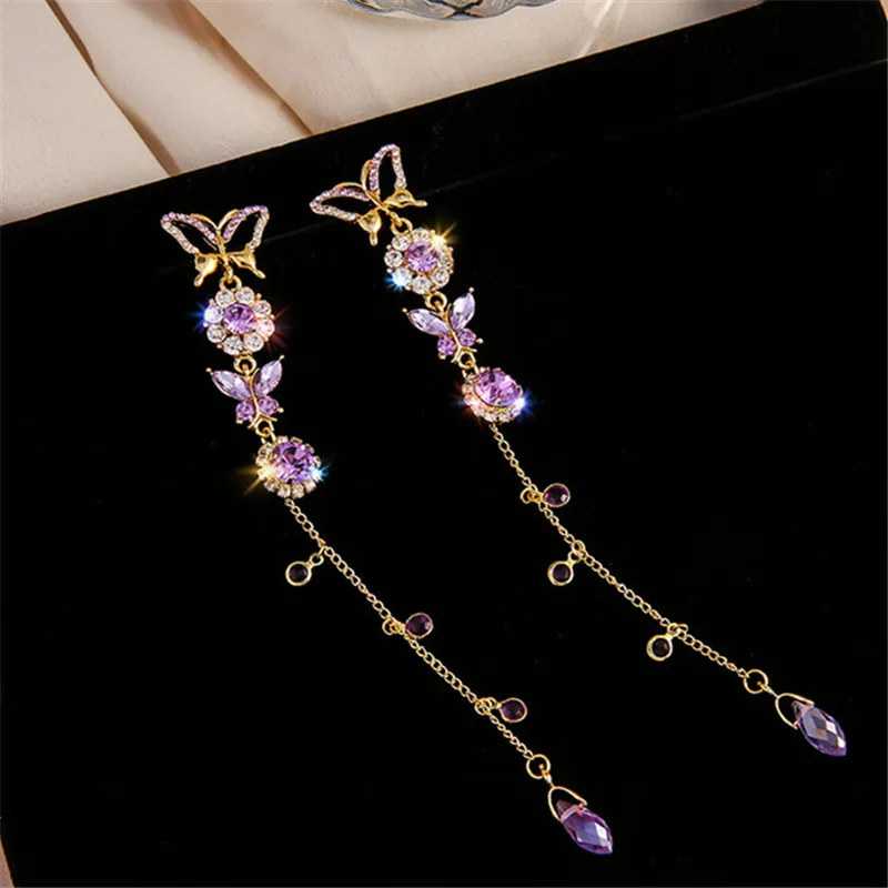 FYUAN Beautiful Butterfly Drop Earrings for Women Long Tassel Purple Crystal Earrings Weddings Engagement Jewelry Gift