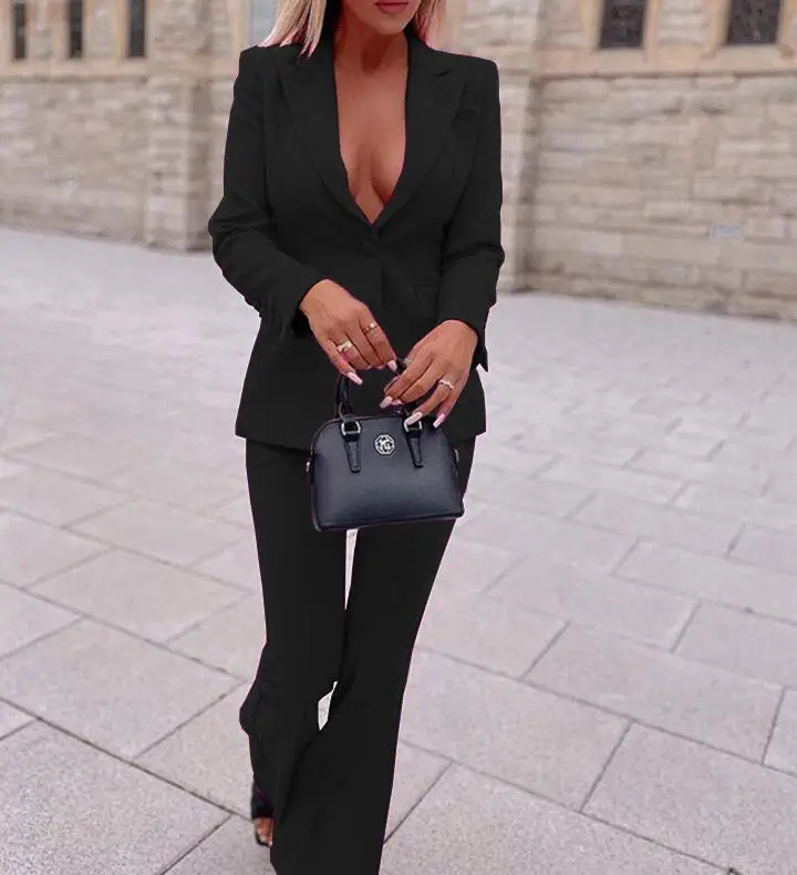 Fuchsia Women Pantsuits Autumn Blazer+ Wide Zipper Long Pants Officer Lady Trousers Suits