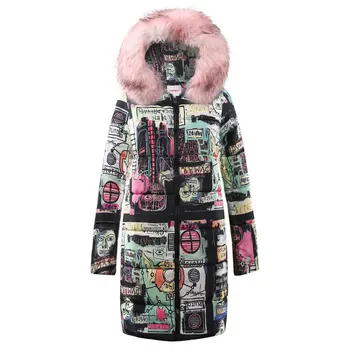 

women's parkas coats fem me print clothes 2019 jackets ladies plus large big size warm long hooded faked fur collar graffiti