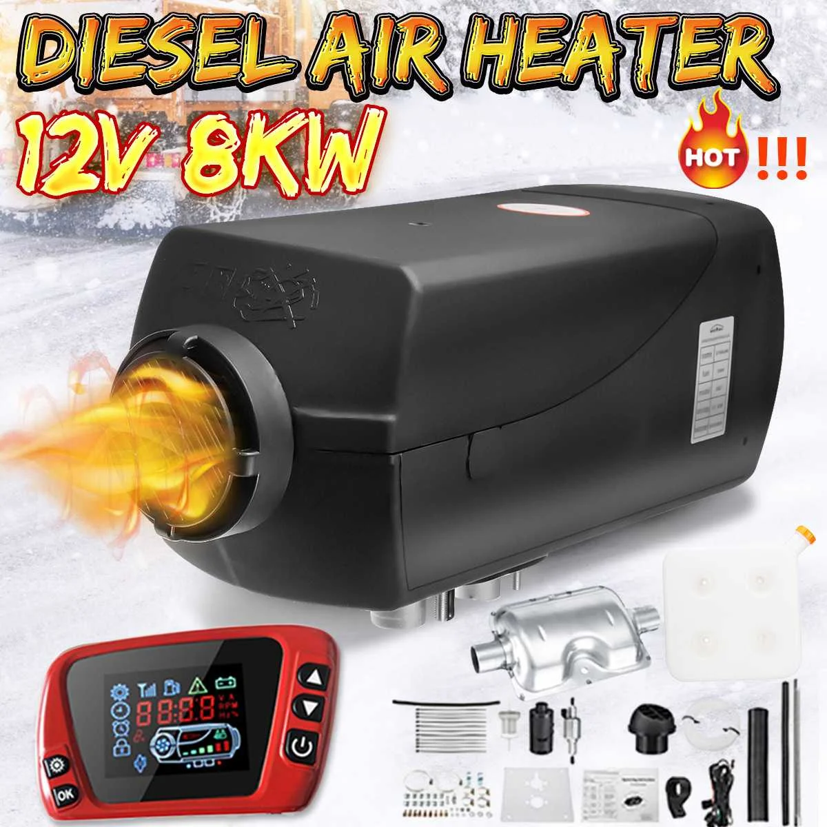 12V 8000W Автомобильный нагреватель воздуха Отопление с дизельным топливом 8kw ЖК-дисплей переключатель дистанционного Управление+ глушители для автомобиля парковка для дом на колесах для автофургонов, грузовик лодки автобуса