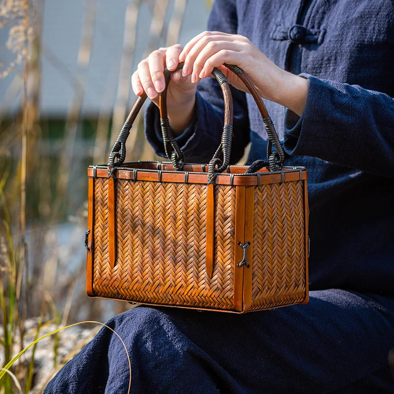 Japanese-style Bamboo Woven Storage Bags Handmade Retro Basket Chinese Style Teacup Teapot Bags Travel Outdoor Tea Cozies LA458