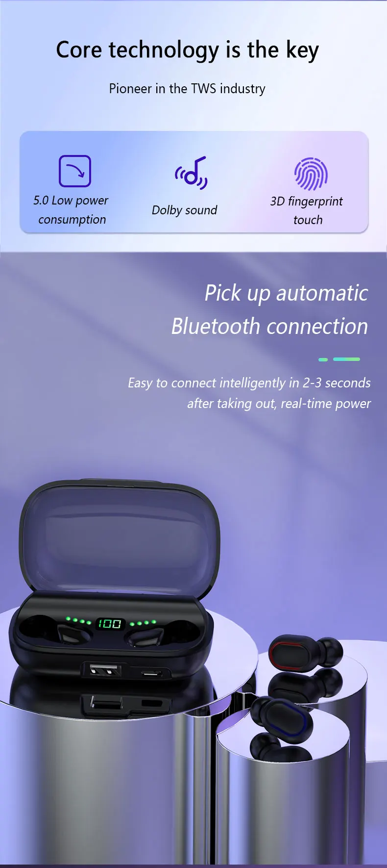 Caridite New Trending Instagram LED Bluetooth Earphone with Charging Phone Portable Digtial Wireless Headset Bluetooth Earbuds