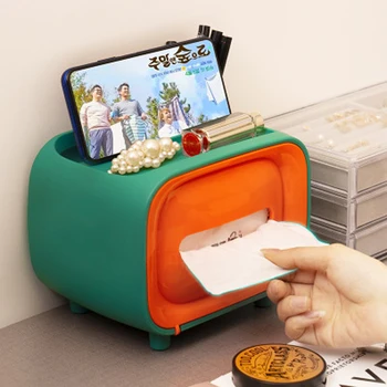 

TV Tissue Box Desktop Paper Container Dispenser Napkin Case Organizer with Mobile Phone Holder Key Remote Control Storage Rack