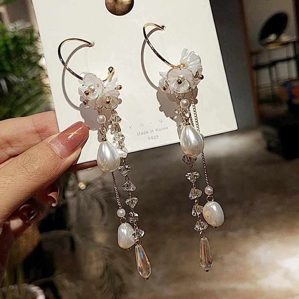 

Trendy Crystal Water Drop Women Dangle Earrings Pearl Flower Bohemian Long Pendant Earrings For Women Earrings Jewelry