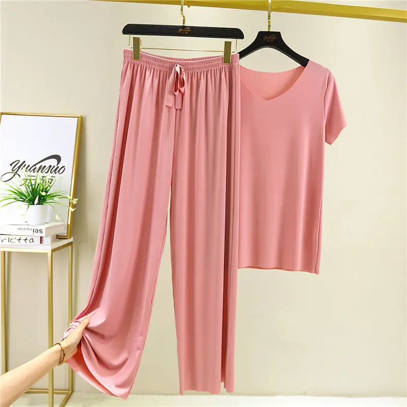 Ice Silk Short-Sleeved T-Shirt Two-Piece Women's Summer New V-Neck Thin Tops+Trousers Drape 2pcs Suits Casual Wide-Leg Pants 8