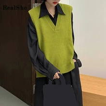 RealShe женский свитер с v-образным вырезом без рукавов однотонный весенний кашемировый свитер Женский Повседневный осенний свитер для женщин жилет