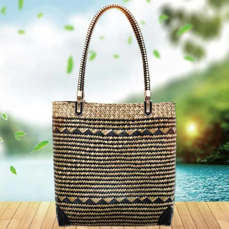 

NEW Woman Seaweed Bag Women Black Grid National Handbag Big Bucket Beach Bags 2019 New Color Matching Weaving Big Casual Handbag