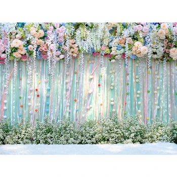 

Floral Curtain Wedding Photography Backdrops Printed Flower Blossoms Balls Ribbons Princess Girl Birthday Party Photo Background
