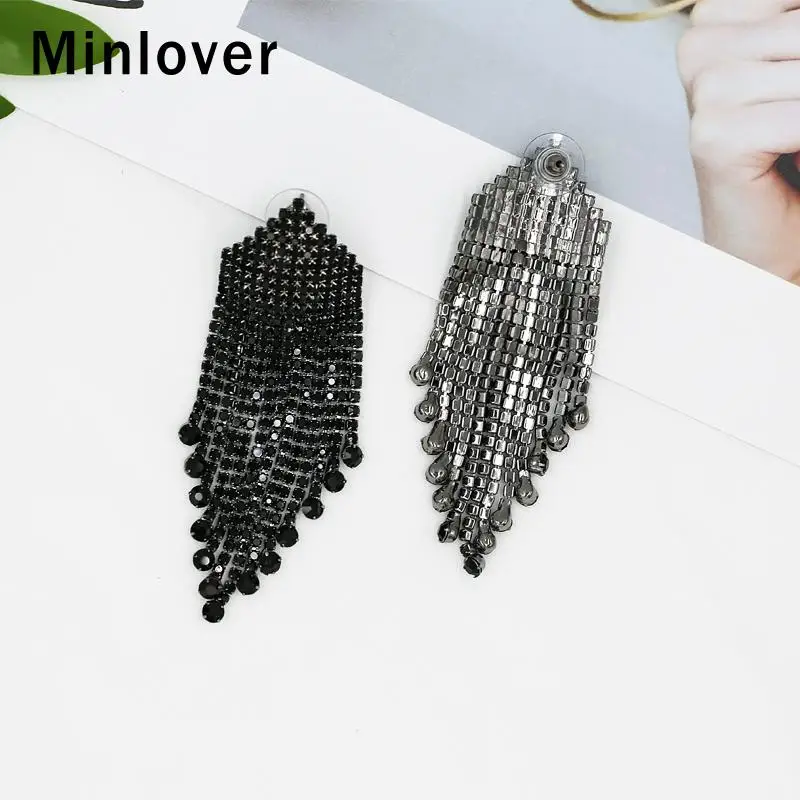 Minlover, винтажные, черные, стразы, массивные, с кисточками, висячие серьги для женщин, большие, для невесты, висячие серьги, корейские ювелирные изделия, MEH1375