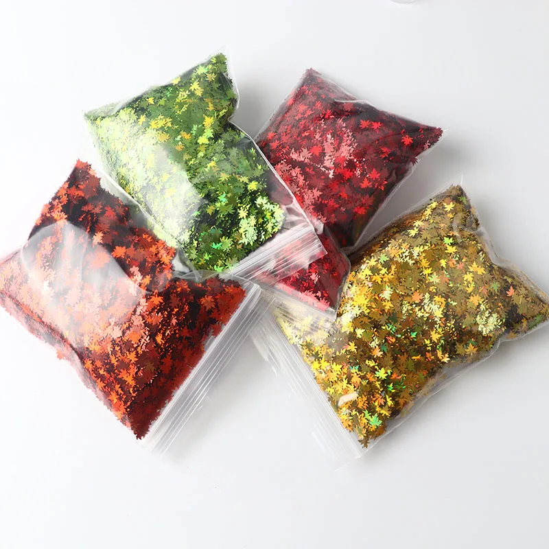 50g Holographic Maple Leaf Nail Art Sequin Laser 3D Mirror Glitter Nail Stickers Autumn Art Design Stickers Decoration