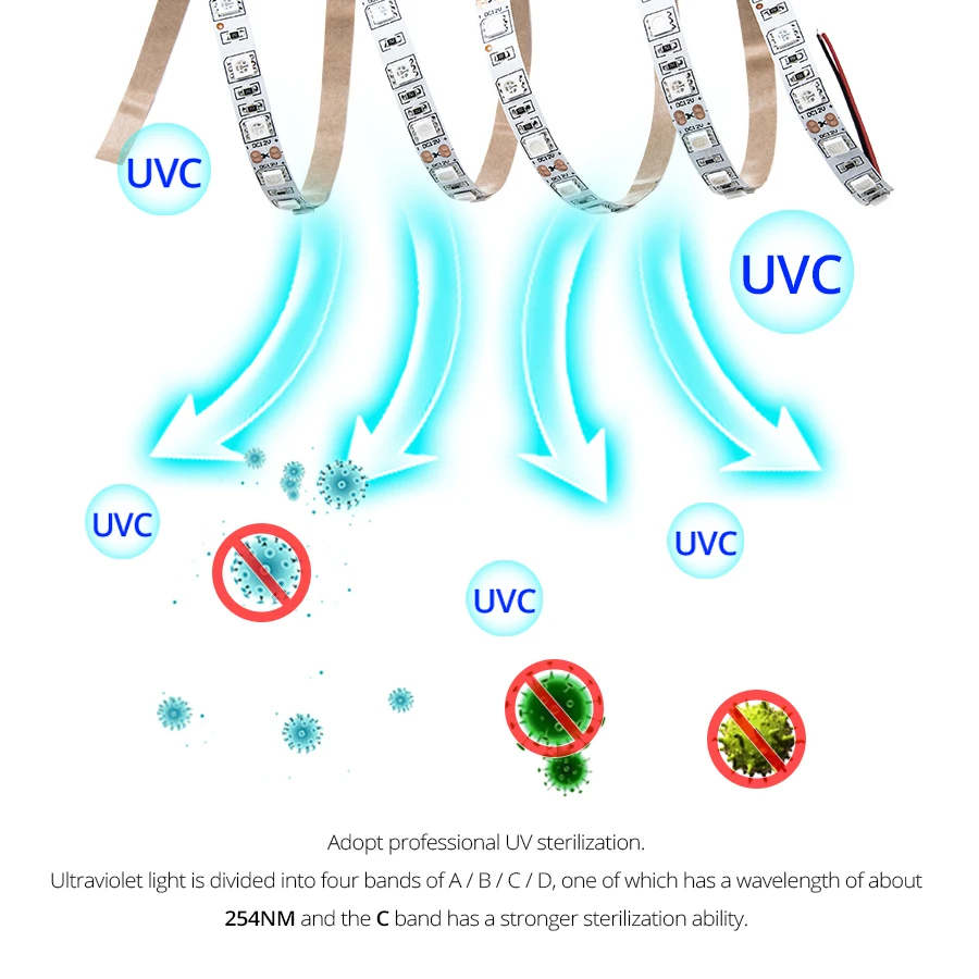 5 Meter 12V UVC LED Strip Light 300 LEDs UVC Lamp Sterilizer UV Tape Sterilization Lights 265nm LED Sterilizer Diode Ribbon