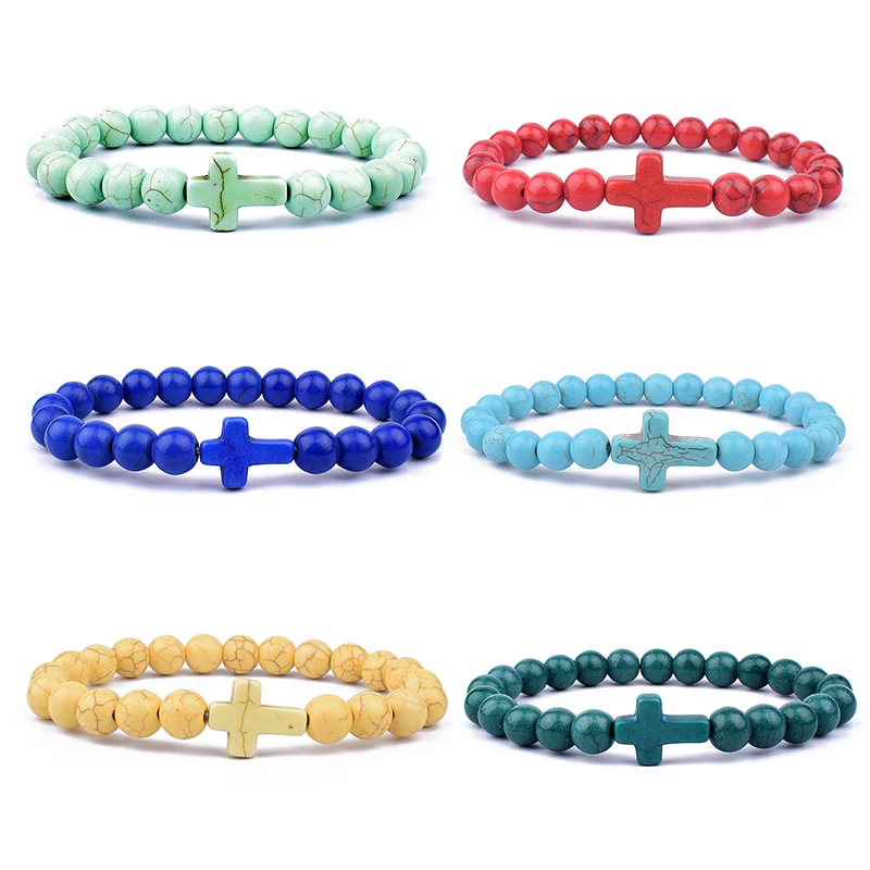 Natural Turquoise Cross Beads Stone Bracelets Men Women