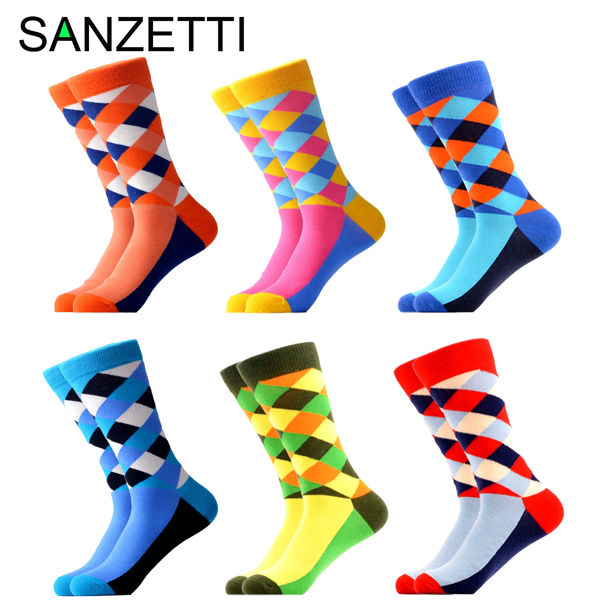 

SANZETTI 6 Pair/Lot Men's 2019 New Casual Combed Cotton Socks Wedding Happy Crew Socks Funny Hip Hop Novelty Bright Dress Socks