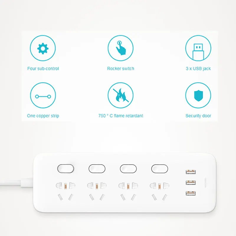 

Xiaomi Mi Power Strip 4 Sockets with Control Switch 5V/2.1A Fast Charge 3 USB port Extension Sockets Charger Converter