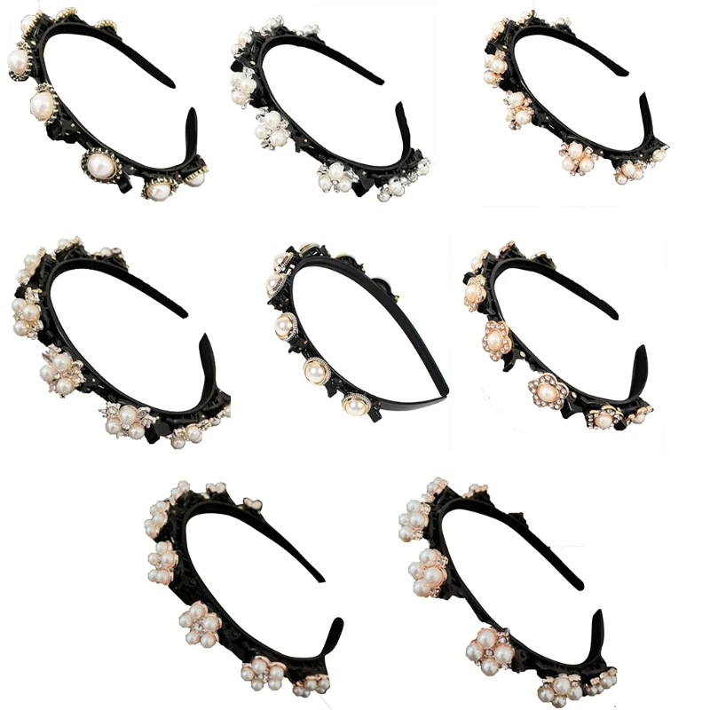 

Sweet Rhinestone Bangs Headbands Double Layer Pearl Hair Hoop with Clips Twist Plait Headband Braided Headwear for Girls