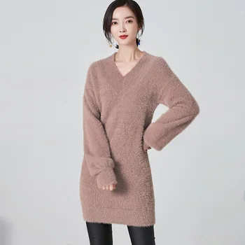 

Knitted Vest 2020 New Autumn and Winter Mid-length V-neck Slim Imitation Mink Sweater Women's Hedging Thick Bottoming Sweater