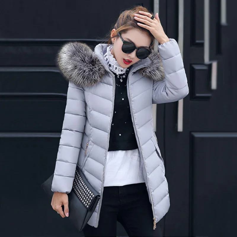 Зимняя женская куртка с большим меховым капюшоном, Толстые Пуховые парки, женское длинное пальто размера плюс, зимнее пальто для женщин, тонкая теплая верхняя одежда 5XL - Цвет: Серый