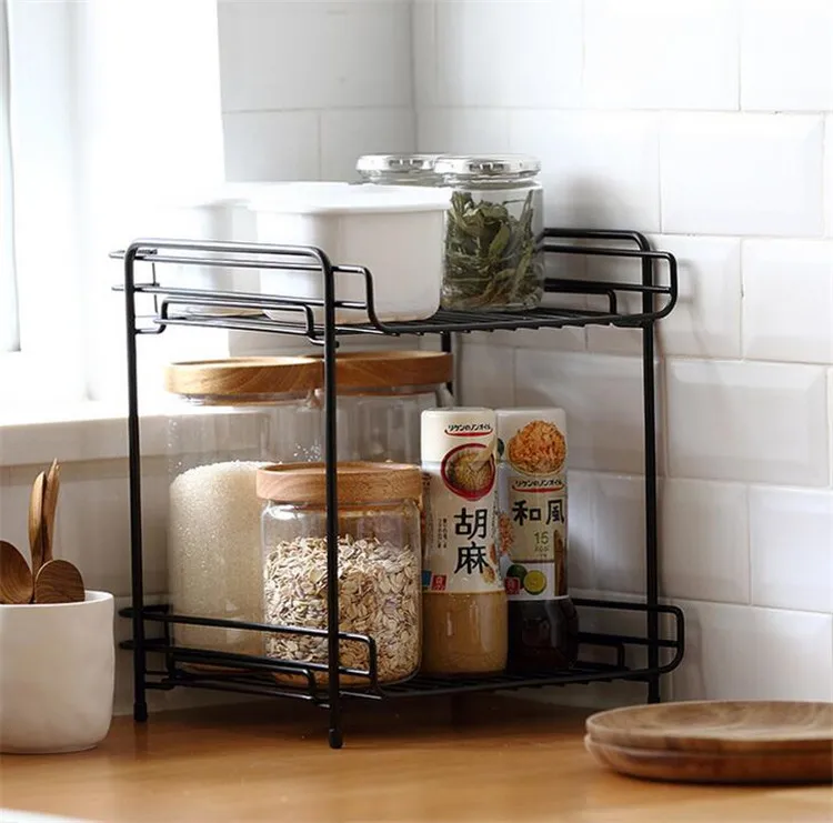 

Double Layers Kitchen Bathroom Shelf Rack Desktop Sundries Storage Holder Iron Rack Book Shelf