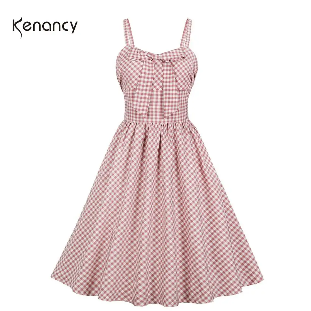 Женское винтажное платье Kenancy элегантное розовое в клетку с принтом стиле ретро