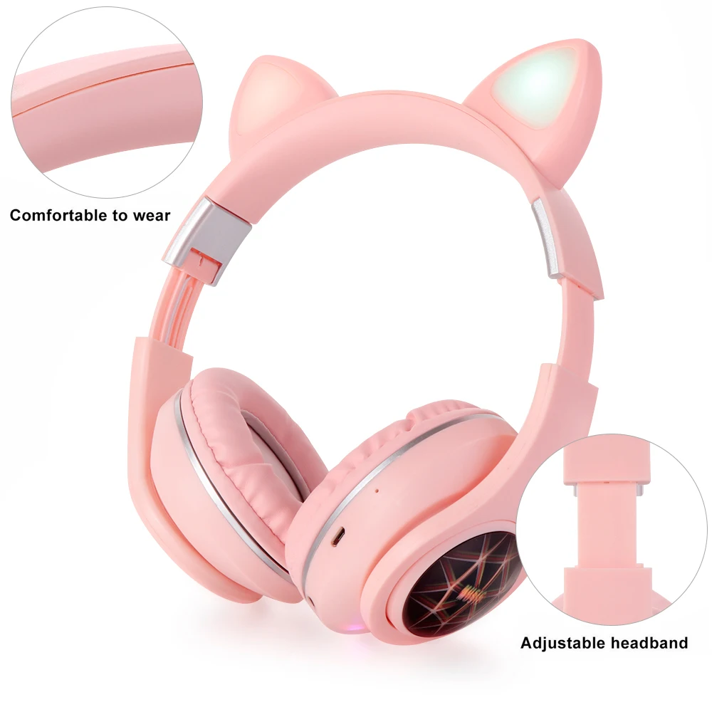 New Arrival LED Light Kawaii Cat Ear Rabbit Ear Noise Cancelling Bluetooth Wireless Headphones w Mic For Kids Girls