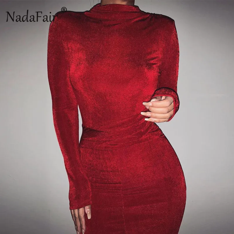 Nadafair платье миди с длинным рукавом и высоким воротником, Клубное облегающее платье с высокой талией для женщин, красные, розовые сексуальные платья для вечеринок
