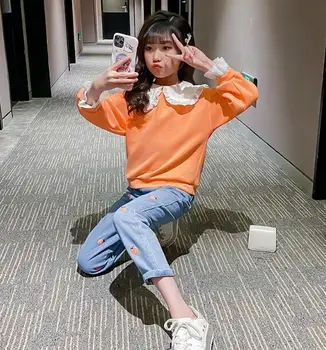 

Girls Clothes Autumn Teen Kids Girls Outfits Doll Collar Shirts + Printed Jeans 2PCS Children's Clothing Sets 4 6 8 10 12 Years