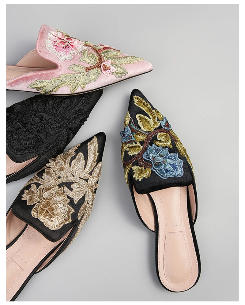Details about   Womens Satin Silk Embroidery Floral Pointed Toe Flats Mules Slippers Shoes A756 