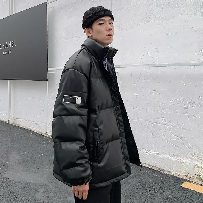 

2019 Winter New Korean Version Of The Trend Loose Solid Color Stand Collar PU Leather Thickening Casual Cotton Suit