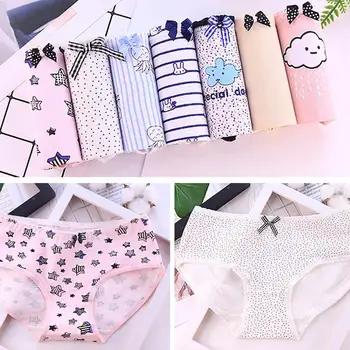 

7Pcs Soft Cotton Panties Women Seamless Briefs Cartoon Print Bowknot Decor Elastic Middle Waist Briefs Women's Underwear Panties
