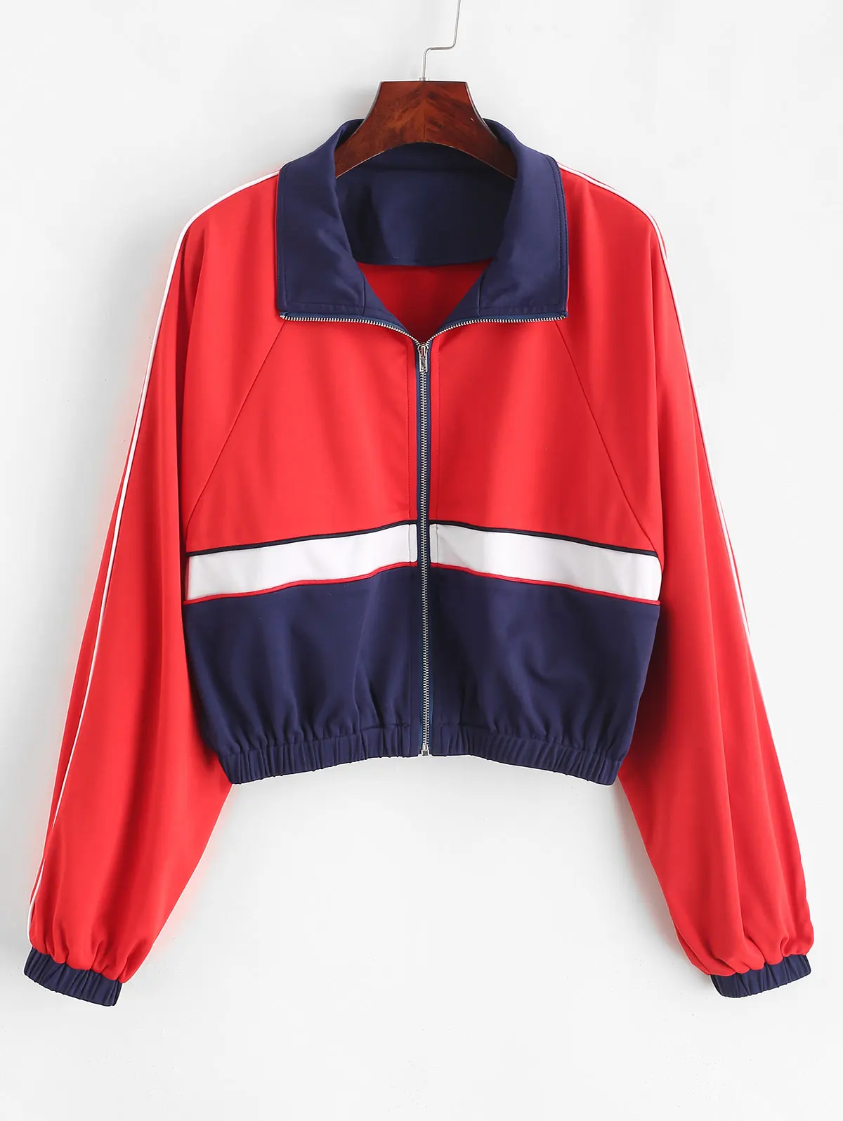 

ZAFUL Color Block Zip Up Raglan Sleeve Short Jacket Women Zipper Crop Patchwork Jackets Streetwear Wide Waist Fashion Sweatshirt