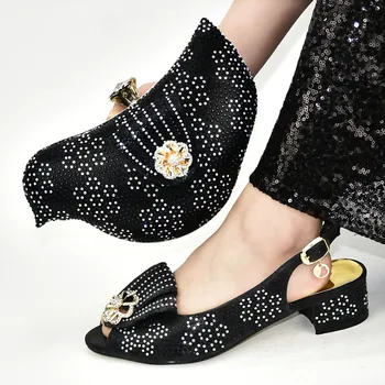 

New Arrival Decoation With Rhinestone Woman Shoes And Bag Set Elegant Middle Heels Shoes And Bird Type Bag Set For Evening Party
