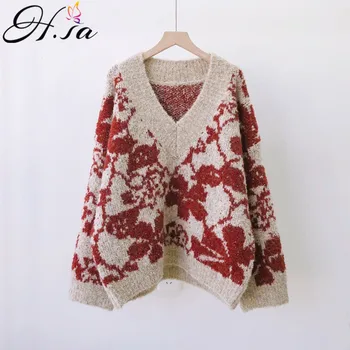 

H.SA Women Thick Winter Sweater and Pullovers V neck Big Flower Jacquard Knitted Pull Sweaters Red Ugly Christmas Sweater Winter