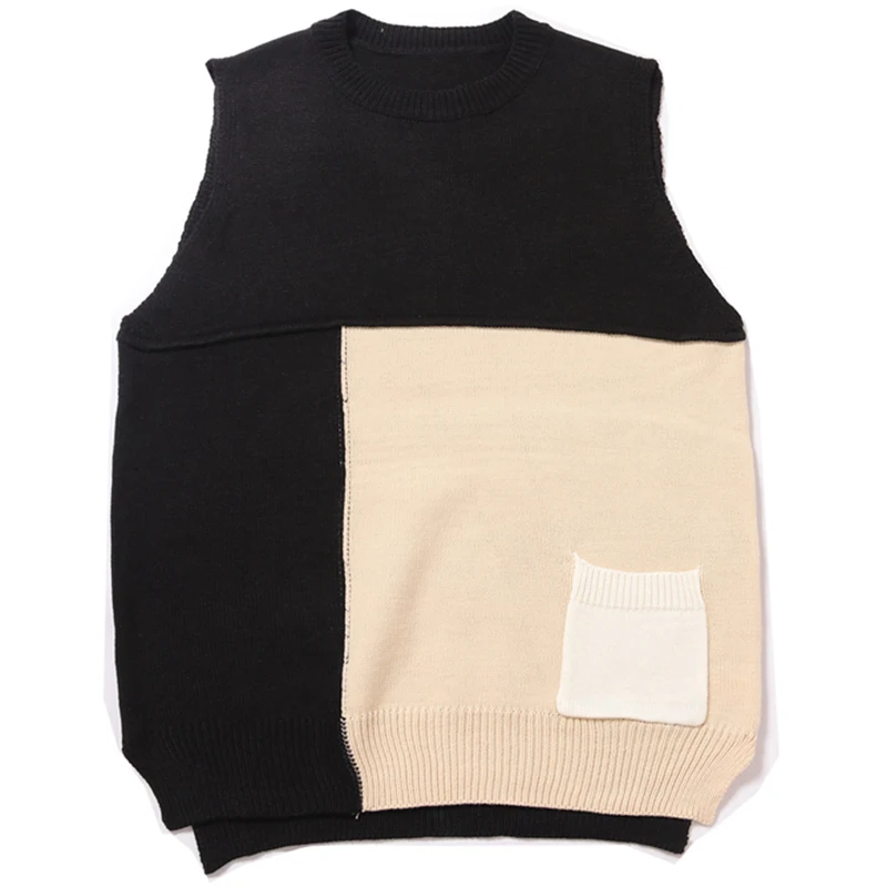 EFUNGAL Color Patchwork Sweater Vest Men Japan Style Computer Knitted Streetwear Sleeveless Hip Hop Knitwear Harajuku Tops