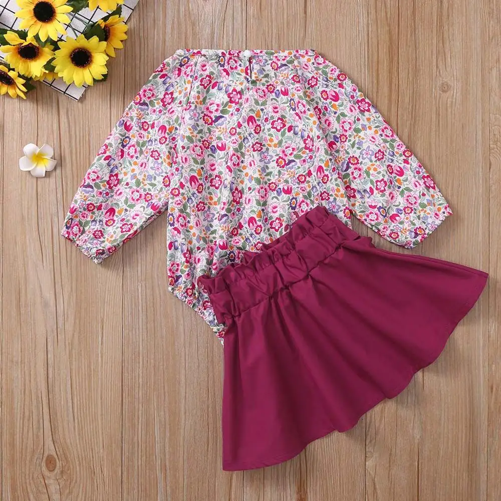 Baby Girl Dress Cute Toddler Kids Baby Girls Autumn Long Sleeve Floral Romper Bodysuit+ Solid Skirt Outfit Winter Newest