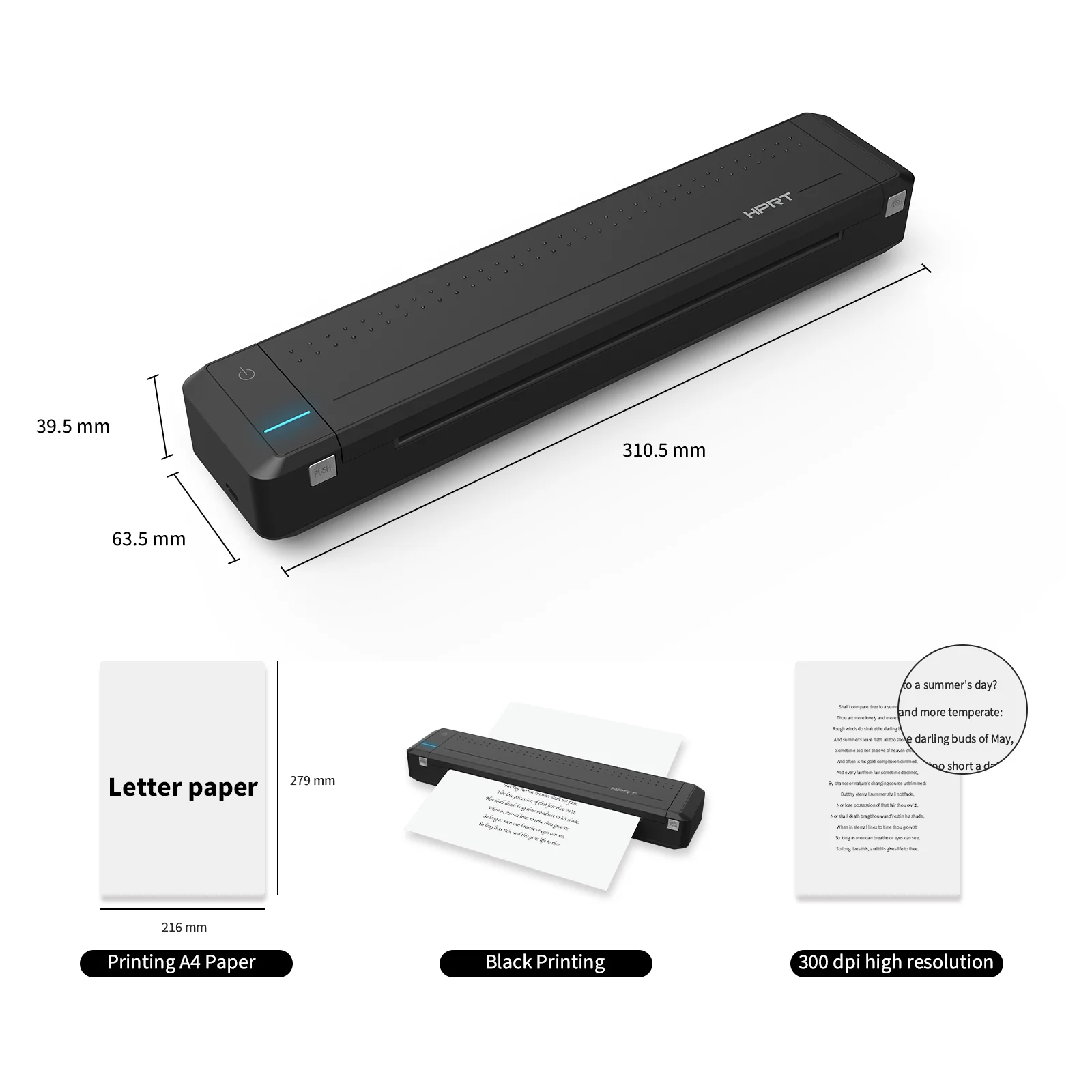 HPRT MT800 Black Words Portable Mini A4 Paper Printer with Bluetooth USB Connection Mobile Phone Computer App Office Meeting best mini printer for iphone